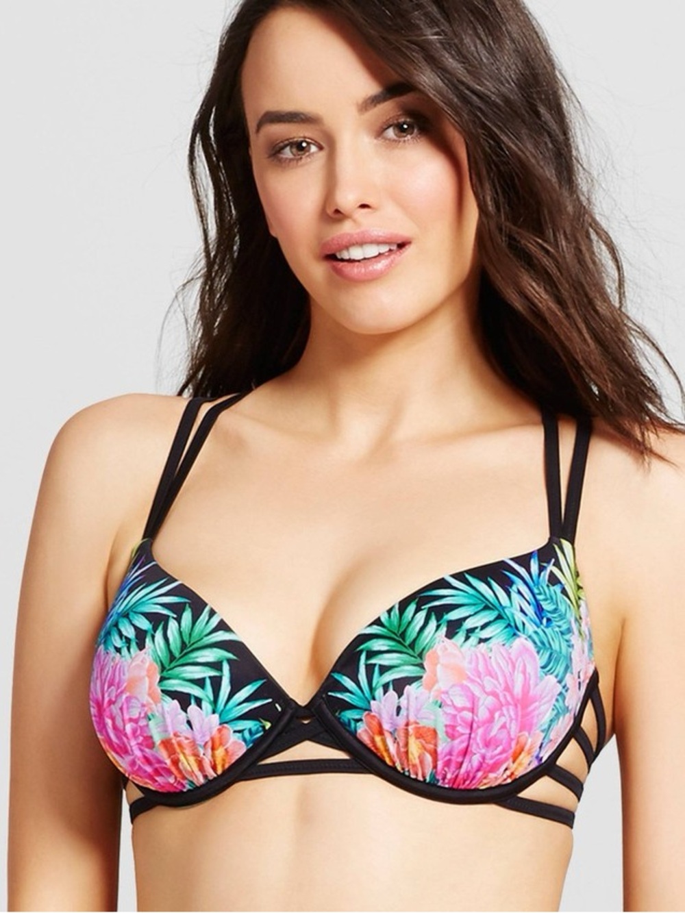Shade & Shore Black Tropical Floral Push-Up Bikini Top